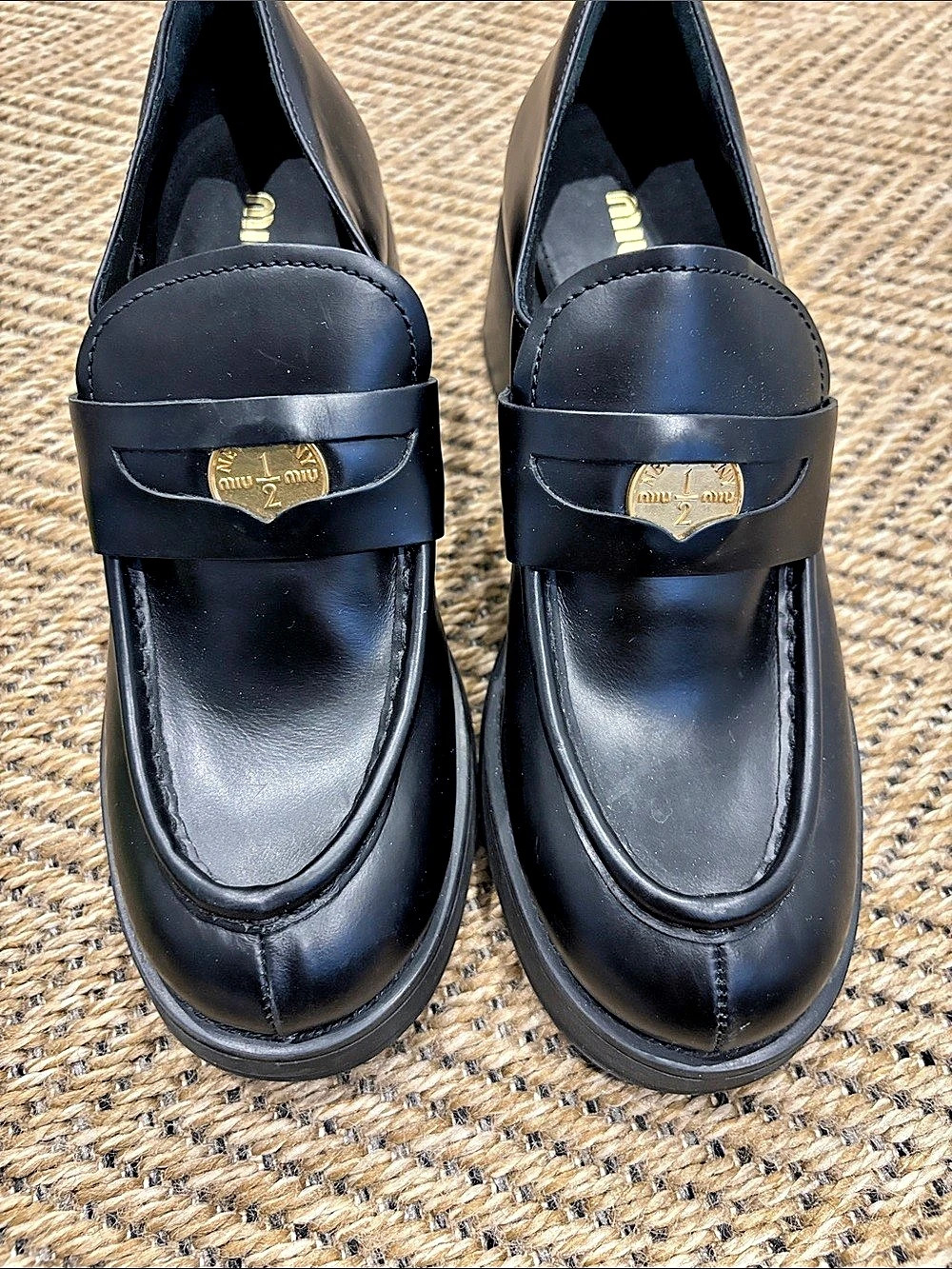 Miu miu Leather Heeled Penny Loafers Black Block Heel